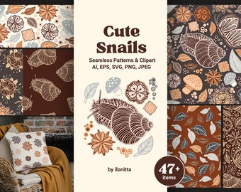 Cute Snails Seamless Patterns Collection and Vector Clipart Elements, Hand Drawn Line Art Butterfly, Autumn Flowers, Forest Leaves. DIGITAL