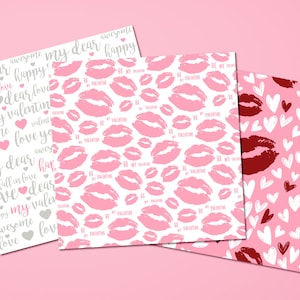 Lippen küssen Valentinsgruß-Digital-Papiere, Liebe-nahtlose Muster für digitales Sammelalbum. Liebe Herzen, Lippen Küsse und Wort Text. Kommerzielle Nutzung