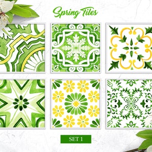Spring Tiles Green Watercolor Digital Print Clipart Set1. Floral mosaic sublimation designs, Spanish Majolica wall stickers INSTANT download