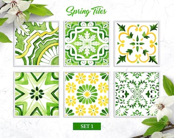 Spring Tiles Green Watercolor Digital Print Clipart Set1. Floral mosaic sublimation designs, Spanish Majolica wall stickers INSTANT download