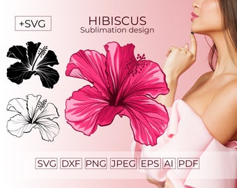 Hibiscus Logo SVG Watercolor Flower Design for Transfer and Sublimation, Instant Download