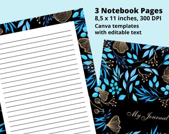 Canva Notebook Pages Beautiful Blue and Gold Leaves Editable Canva Template. Digital Scrapbook Printables to Download