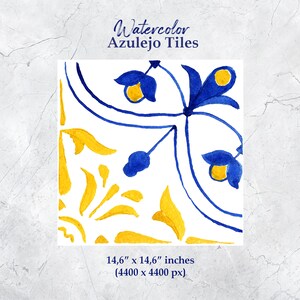 May include: A watercolor illustration of a blue and yellow azulejo tile with a floral pattern. The tile is 14.6 inches by 14.6 inches and has a resolution of 4400 by 4400 pixels.