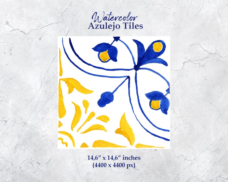 May include: A watercolor illustration of a blue and yellow azulejo tile with a floral pattern. The tile is 14.6 inches by 14.6 inches and has a resolution of 4400 by 4400 pixels.