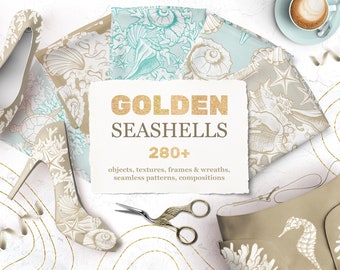 Golden Seashells Collection. Seamless Patterns, Gold Clipart Design Elements. Printable Digital Downloads