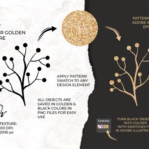 Pode incluir: Uma ilustra&ccedil;&atilde;o em preto e branco de uma pequena &aacute;rvore com folhas redondas. A &aacute;rvore &eacute; mostrada com uma textura de brilho dourado. O texto "Use Vector Golden Texture" e "Or Raster Texture: JPEG 300 DPI, 2936 x 2936 px" &eacute; mostrado no lado esquerdo da imagem. O texto "Pattern Swatch in Adobe Illustrator EPS 10 file" &eacute; mostrado no lado direito da imagem. O texto "Apply Pattern Swatch to Any Design Element" &eacute; mostrado no meio da imagem. O texto "All objects are saved in golden & black colours in PNG files for easy use" &eacute; mostrado no meio da imagem. O texto "Turn black objects into golden with swatches fill in Adobe Illustrator" &eacute; mostrado no lado direito da imagem.