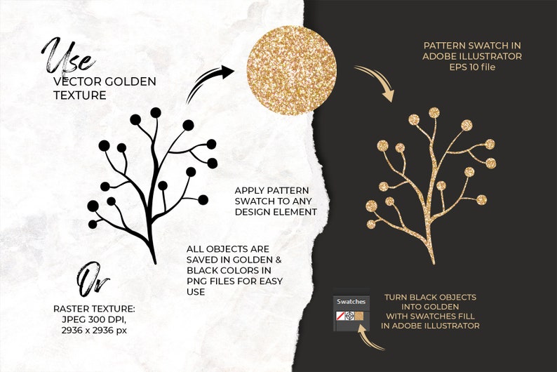 Pode incluir: Uma ilustra&ccedil;&atilde;o em preto e branco de uma pequena &aacute;rvore com folhas redondas. A &aacute;rvore &eacute; mostrada com uma textura de brilho dourado. O texto "Use Vector Golden Texture" e "Or Raster Texture: JPEG 300 DPI, 2936 x 2936 px" &eacute; mostrado no lado esquerdo da imagem. O texto "Pattern Swatch in Adobe Illustrator EPS 10 file" &eacute; mostrado no lado direito da imagem. O texto "Apply Pattern Swatch to Any Design Element" &eacute; mostrado no meio da imagem. O texto "All objects are saved in golden & black colours in PNG files for easy use" &eacute; mostrado no meio da imagem. O texto "Turn black objects into golden with swatches fill in Adobe Illustrator" &eacute; mostrado no lado direito da imagem.
