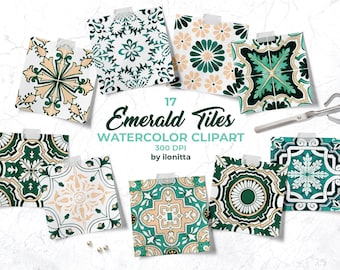 Emerald Tile Stickers Digital Download Spanish Watercolor Clipart: Talavera Azulejos for Mosaic Stencil, Sublimation