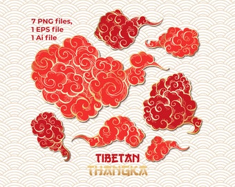 Roodgouden Thangka-wolken: Japanse Chinese PNG Tibetaanse clipart (digitale download Aziatisch stickerpakket)