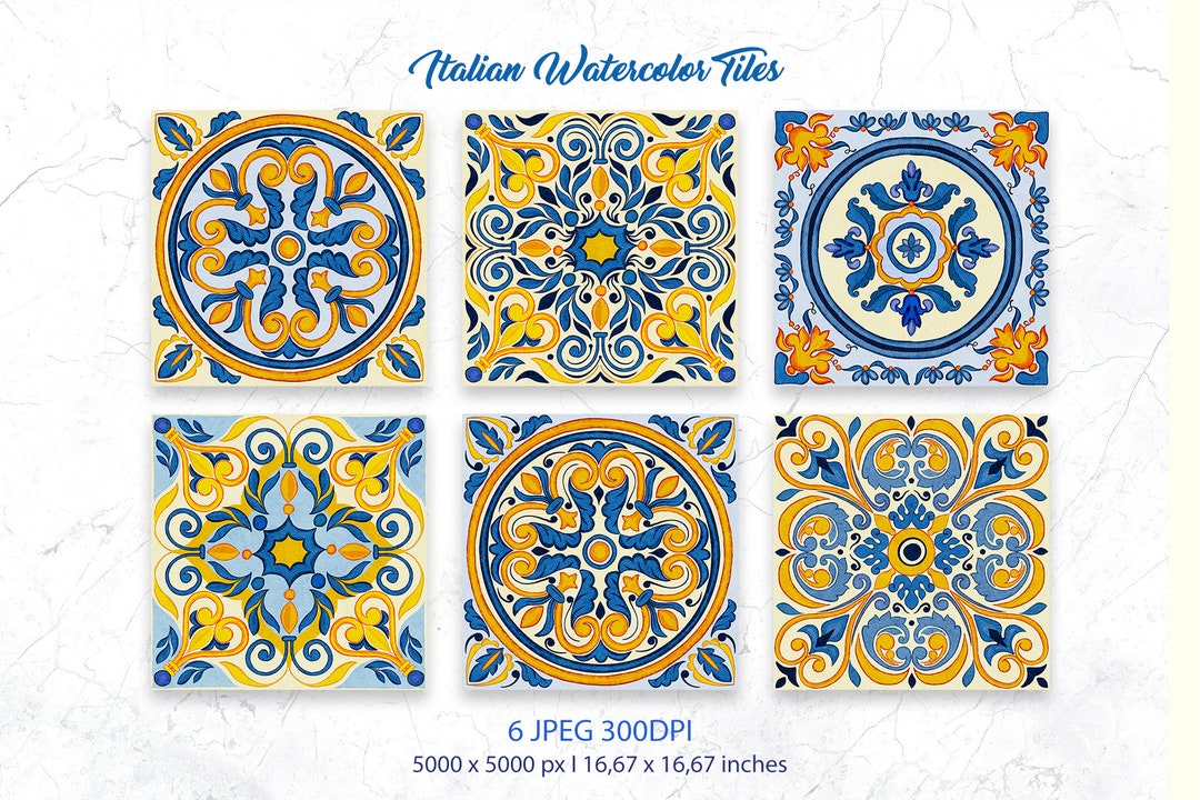 Watercolor Mosaic Italian Tiles Clipart JPEG for Digital Scrapbook ...