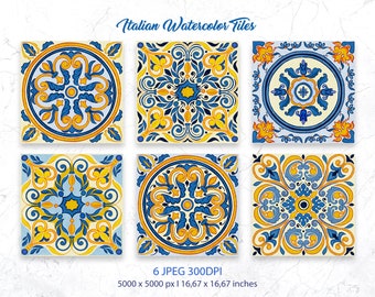 Watercolor Mosaic Italian Tiles Clipart JPEG for Digital Scrapbook. Digital Download Art