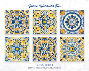 Italian Tiles Clipart JPEG, Watercolor Mosaic Stencil Images for Cake Printables, Moroccan Scrapbook Art. Digital Download