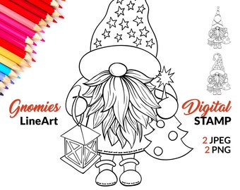 Christmas Gnomes PNG Digital Stamps, Black and White Coloring Page with Santa hat. Digi Stamp Instant Download.