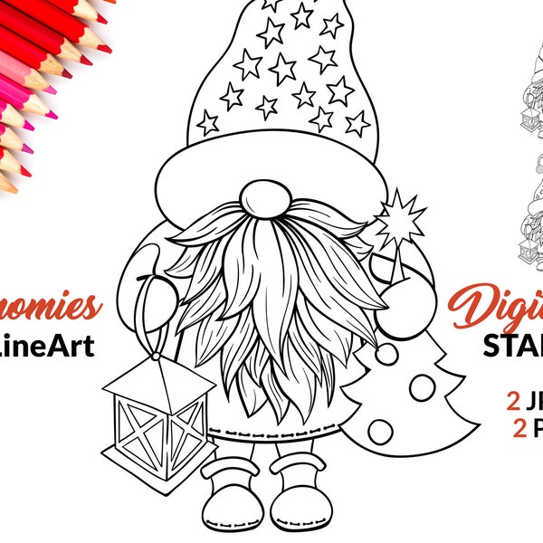 Christmas Gnomes PNG Digital Stamps, Black and White Coloring Page with Santa hat. Digi Stamp Instant Download.