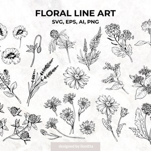 Floral Line Art Clipart: Hand gezeichnete Blume SVG (Digital Download)