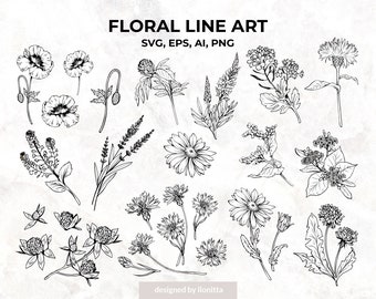 Black & White Wildflower Line Art | Botanical Flower SVG Outline Floral Drawings Clipart Digital Download