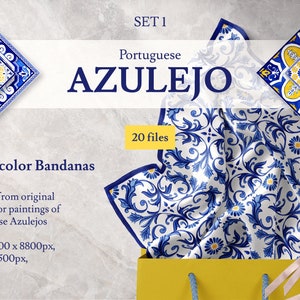 Portugese tegelssublimatieontwerpen. Aquarel bandana print. Handgeschilderde sjaal digitale download. Azulejo-mozaïektegels, vierkante sjaal JPEG