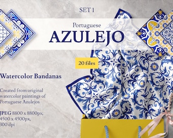 Portugese tegels sublimatie ontwerpen. Aquarel Bandana Print. Handgeschilderde sjaal digitale download. Azulejo mozaïek tegels, vierkante sjaal JPEG