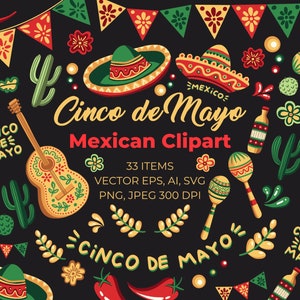 Mexican SVG Cinco de Mayo Clipart Sublimation PNG Sombrero Hat, Guitar, Cactus Succulent, Lettering. Digital Download