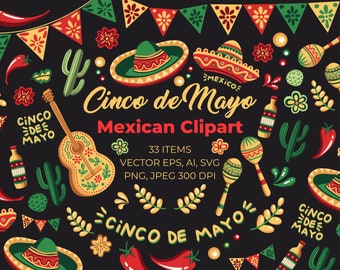 Mexican SVG Cinco de Mayo Clipart Sublimation PNG Sombrero Hat, Guitar, Cactus Succulent, Lettering. Digital Download