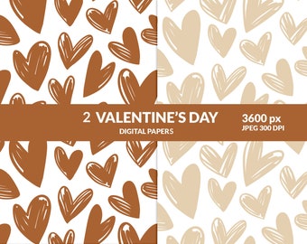 Bruin en beige Valentijnsdag liefde digitaal papier, naadloos patroon met hartjes. Digitale download