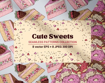 Cute Hand Drawn Sweets Vector Seamless Pattern Collection. Swatches and Digital Papers. Marshmallow, Donuts, Candy, Piece of Cake Desserts