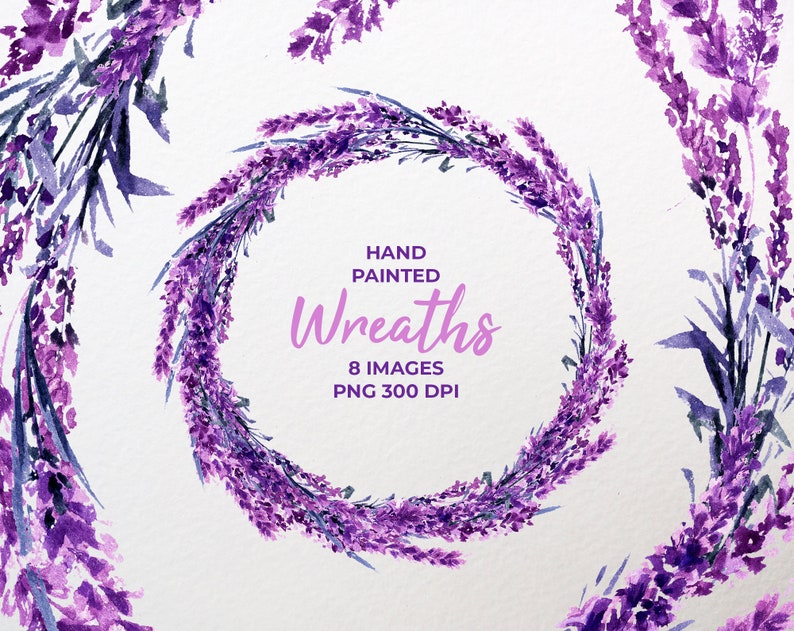 Lavender Wreaths Watercolor Clipart Floral Wedding Clipart Frames Wildflower Violet Flower Wreath PNG Purple Arrangements Digital Download