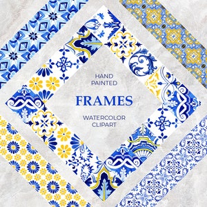 Portuguese Tiles Photo Frame Clipart Talavera Tile Frame Watercolor Clipart Azulejo Mosaic Tile Italian Majolica Wedding Digital Download