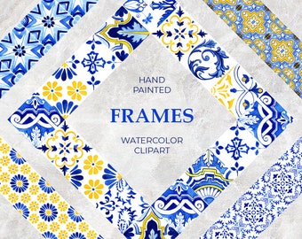 Portuguese Tile Photo Frame Clipart: Watercolor Azulejo (Digital Download)