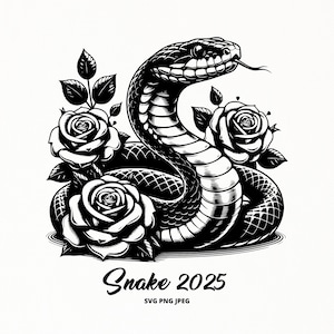 Schlange mit Rosen Tattoo SVG Blumen Clipart, Linie Kunst Blumenmuster für Wandkunst, Aufkleber, Drucke, Sublimation PNG. Vektor digitaler Download