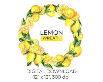 Lemon Wreath PNG Round Frame Clipart, Watercolor Wedding Citrus for Sublimation. Lime Fruit Border Digital Download