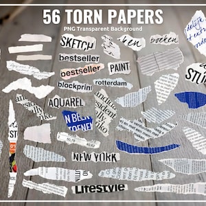 Op de afbeelding: Een verzameling van 56 gescheurde papieren elementen met een transparante achtergrond. De stukken tonen tekstfragmenten, waaronder woorden als "sketch", "bestseller" en "New York". Sommige stukken hebben percentage labels.