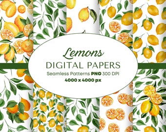 Lemon Seamless Patterns PNG Watercolor Digital Papers for Sublimation, Scrapbook or Wallpaper. Citrus Lemons Leaves. INSTANT Download