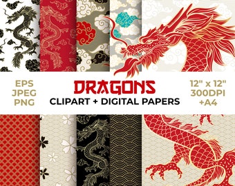 Chinese New Year Digital Papers Vector Dragon Vector Files Sublimation PNG Red Clouds Digital Background