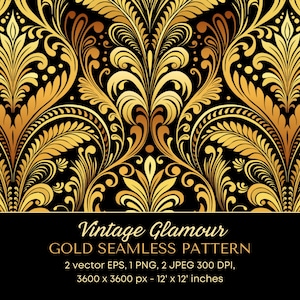 Sophisticated Gold Damask Seamless Pattern on Black Background - Instant Download - Vintage Premium Vector Design for Fabric Textile Print