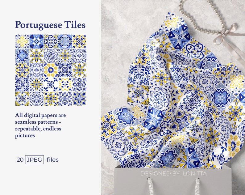 Portuguese Tiles Digital Paper. Azulejo Tile for Sublimation, Mosaic Spanish Majolica Scrapbook Paper. SET3 Digital Download image 2