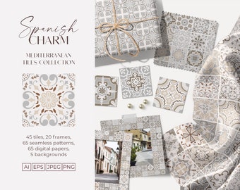 Beige Spanish Tiles Frames Vector Seamless Patterns Bundle. Tile Stickers Stencil Sublimation Moditerranean Clipart. Digital Download