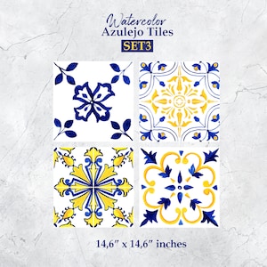 Azulejos portugueses, arte digital para pared, azulejos pintados a mano, Talavera imprimible, impresión digital, acuarela, clipart, SET3