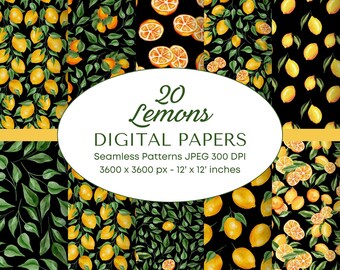 Lemons Black Watercolor Digital Papers JPEG Seamless Patterns for Sublimation, Scrapbook or Wedding. Citrus Lemons Leaves. INSTANT Download