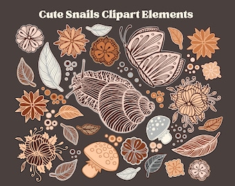 Cute Snails Clipart Collection Vector Elements, Hand Drawn Color and Line Art Butterfly, Autumn Flowers, Forest Leaves. DIGITAL