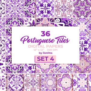 Papier numérique pour carreaux portugais. Carrelage azulejos rose pourpre pour sublimation, mosaïque de papier de scrapbooking majolique espagnole. SET4 - Téléchargement numérique