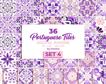 Purple Mediterranean Tile Clipart, Lilac Portuguese Azulejos Digital Paper: Spanish Maiolica, Moroccan Sublimation Designs, Digital Download