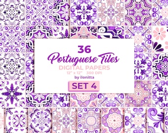 Portuguese Tiles Digital Paper. Purple Pink Azulejo Tile for Sublimation, Mosaic Spanish Majolica Scrapbook Paper. SET4 - Digital Download