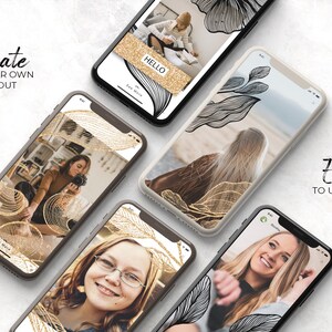 Pode incluir: Cinco maquetes diferentes de tela de telefone com v&aacute;rios designs que apresentam arte de linha abstrata em preto e dourado e sobreposi&ccedil;&otilde;es de texto. O texto em uma das maquetes diz "Hello, you are more".