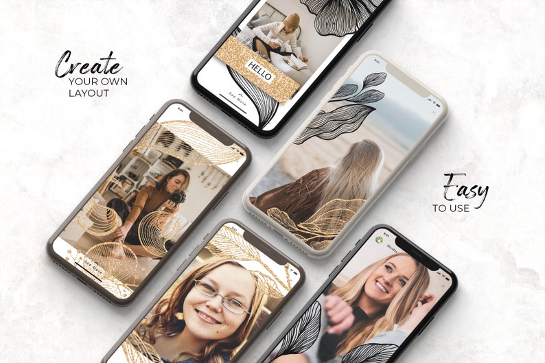 Pode incluir: Cinco maquetes diferentes de tela de telefone com v&aacute;rios designs que apresentam arte de linha abstrata em preto e dourado e sobreposi&ccedil;&otilde;es de texto. O texto em uma das maquetes diz "Hello, you are more".