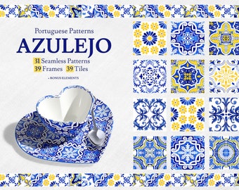 Portuguese Tiles Clipart Azulejo Watercolor PNG Seamless Patterns JPEG Frames PNG Tiles Digital Papers Pack Majolica  Head Scarf Print