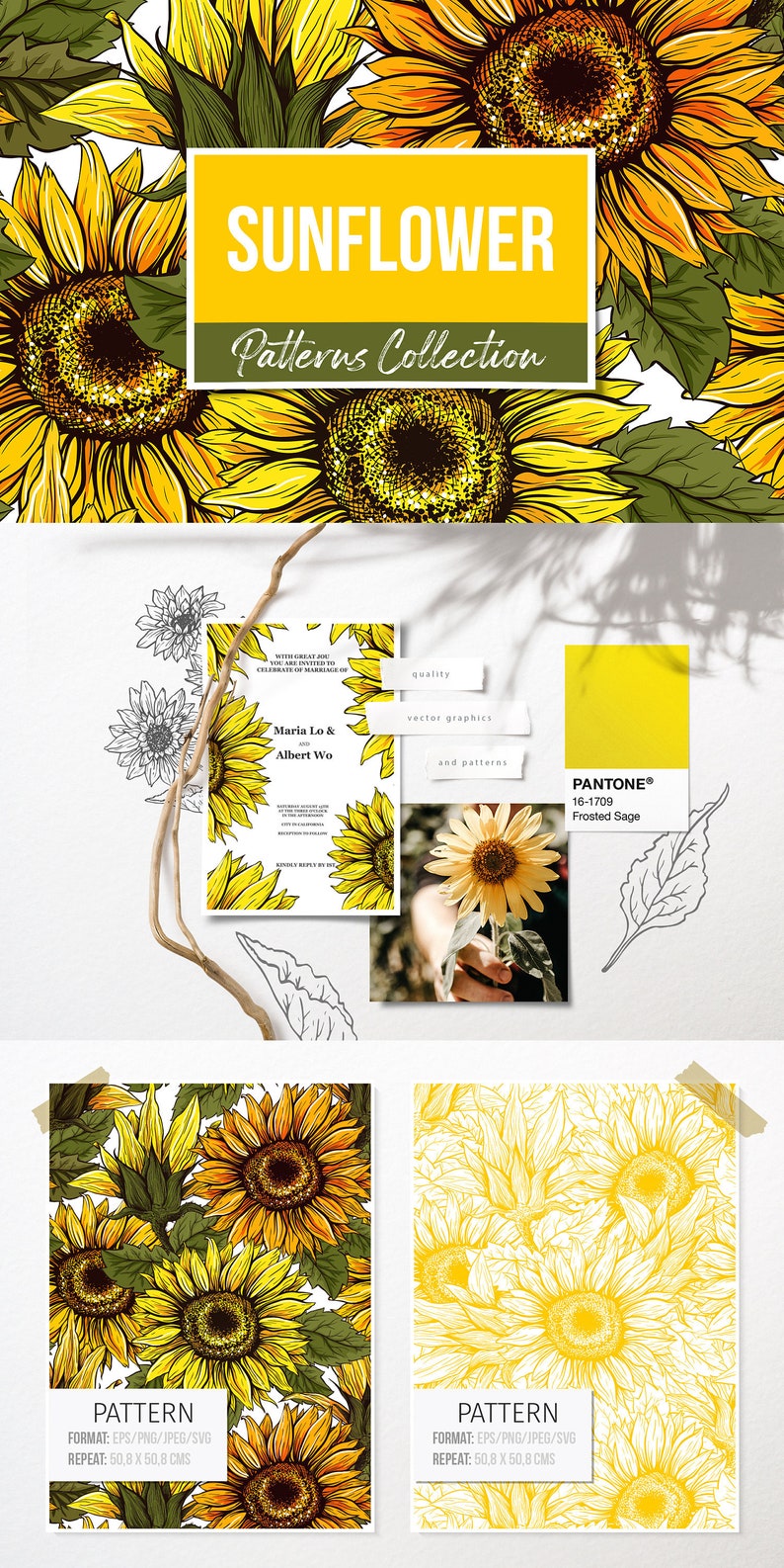A collection of sunflower patterns in yellow and green. The patterns are available in EPS, PNG, JPEG, and SVG formats. The patterns repeat at 50.8 cm by 50.8 cm.