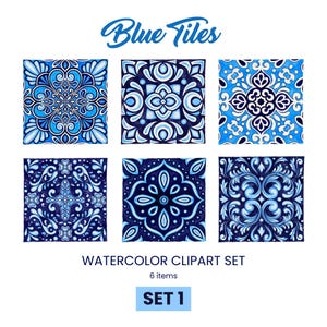 Azulejos portugais aquarelle carreaux - 6 bleus dessinés à la main mosaïque méditerranéenne Clipart, carreaux de céramique espagnols Talavera PNG ensemble téléchargement numérique