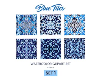 Azulejo Tile Clipart: Hand-Drawn Watercolor Mediterranean Tiles (Digital Download, PNG JPEG Set1 )