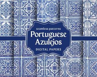 Azulejos Seamless Digital Paper 10 Blue and White Portuguese Tiles Mediterranean Patterns Digital Download